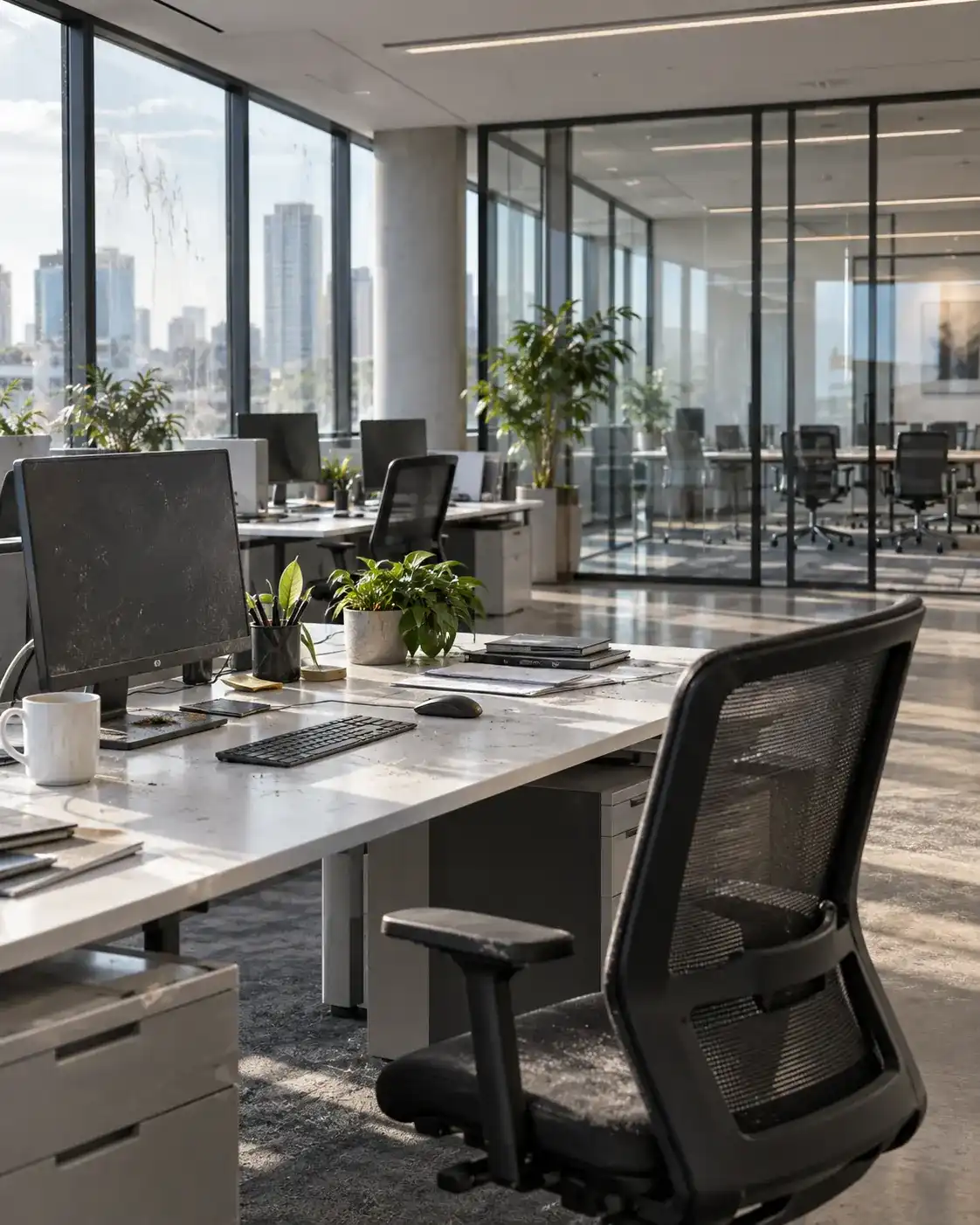 Open space de bureaux avec postes de travail, écrans et fauteuils avant nettoyage professionnel