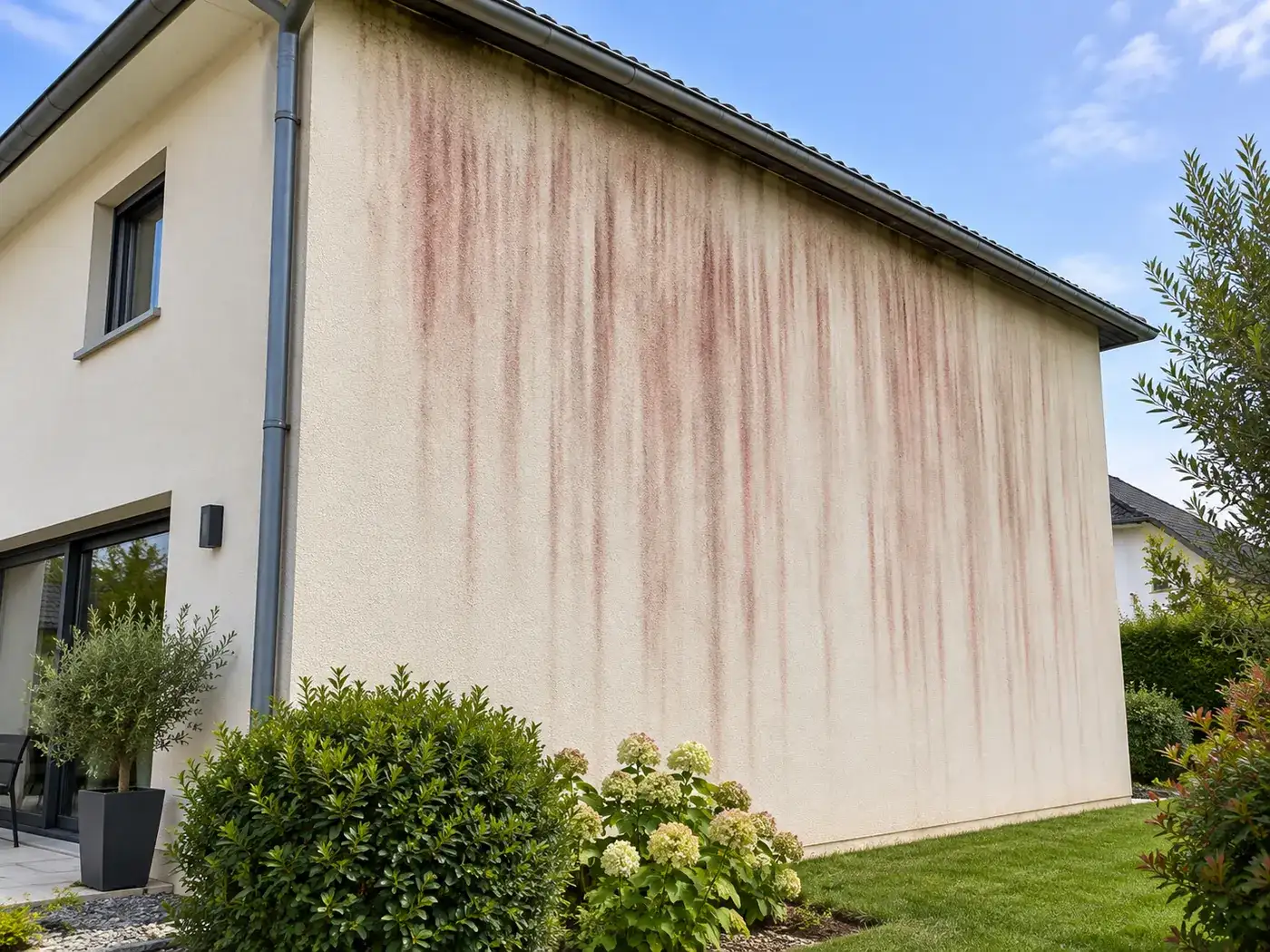 Façade de maison en enduit clair avec coulures rouille et traces verticales avant nettoyage