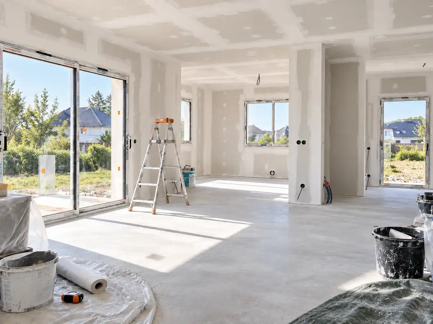 Intérieur d’une maison en fin de travaux, plâtre et béton apparents, avec échelle et seaux de chantier
