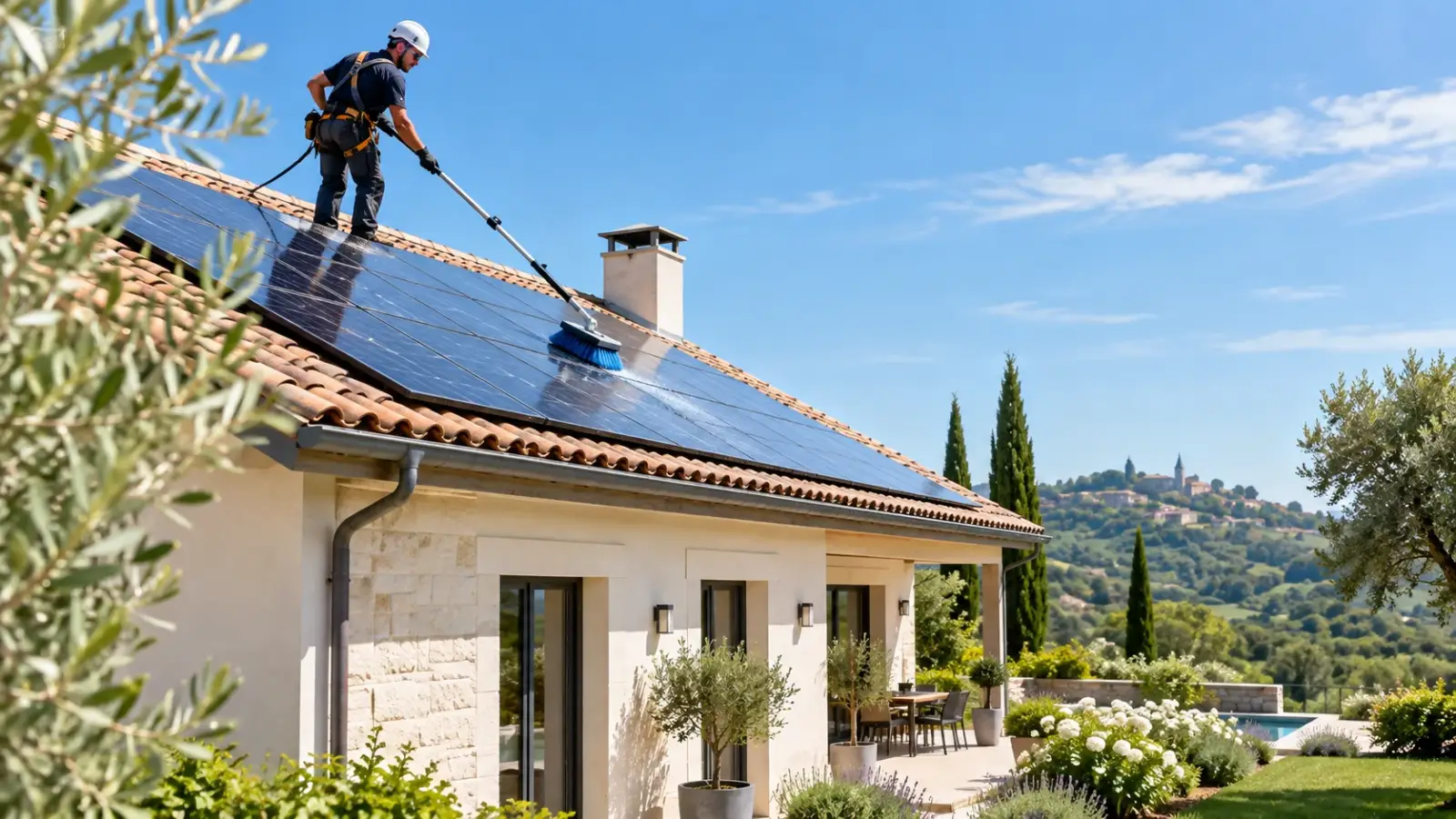 Technicien NJT Nettoyage nettoyant des panneaux solaires sur le toit d’une maison
