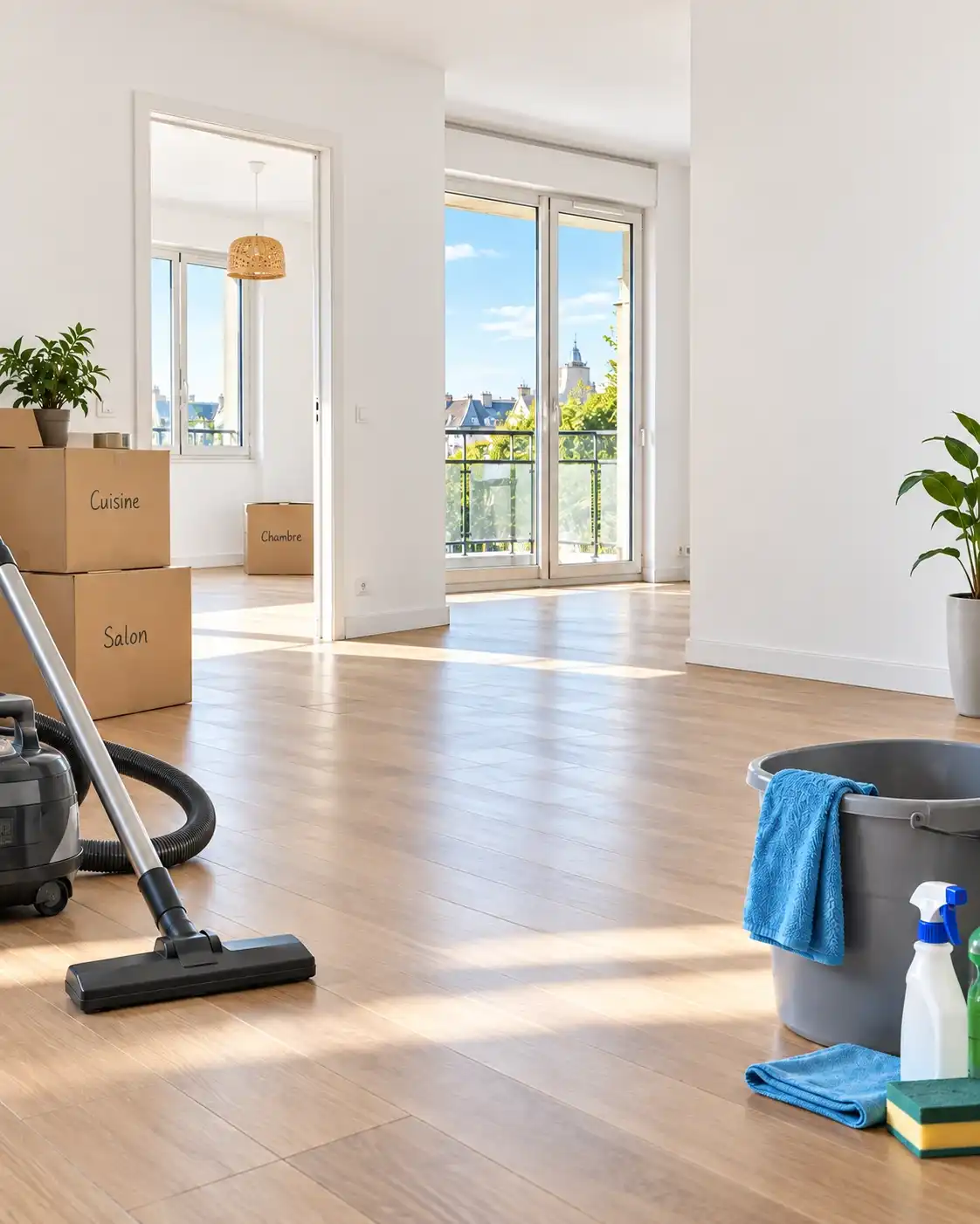 Appartement vide après déménagement, avec cartons, aspirateur et seau de nettoyage sur un parquet lumineux