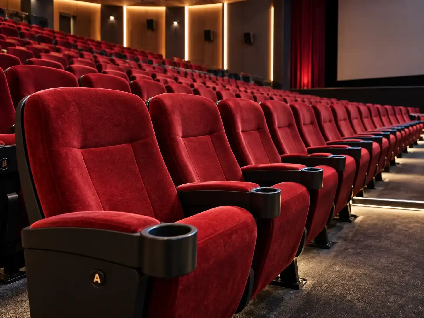 Rangées de fauteuils rouges en velours dans une salle de cinéma ou de spectacle