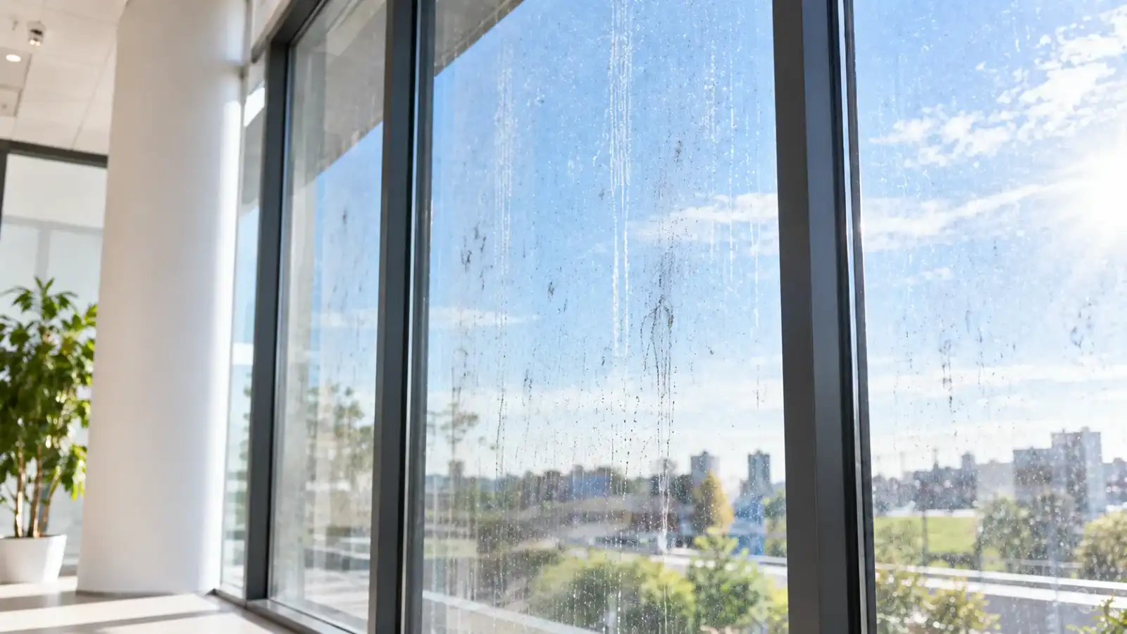 Vitres d’un bâtiment tachées par la pluie et la poussière, avant nettoyage